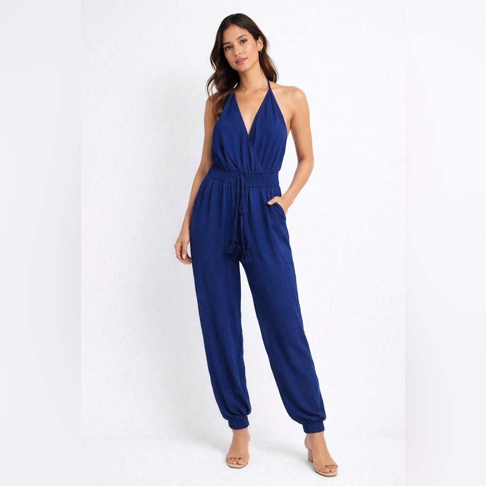 VENUS Blue Halter Smocked Waist Jumpsuit XS Casual Jogger Pants